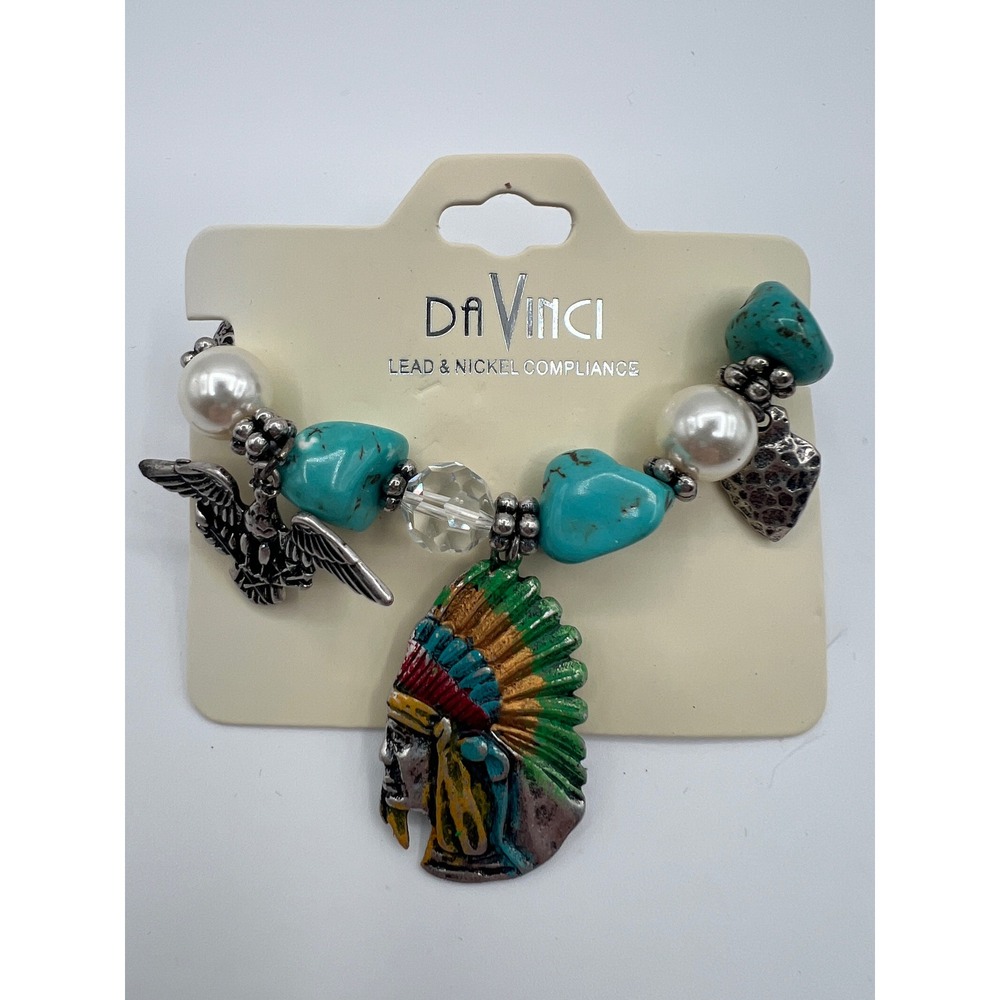 DaVinci Turquoise Pearl Headdress Charm Bracelet Boho Rodeo Western Silver Tone